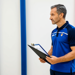 A professional French sports coach, male, standing confidently in a modern, brightly lit training facility, holding a clipboard and observing a training area. He is wearing a modest, professional sports polo shirt and athletic trousers. A framed diploma or certificate is subtly visible on the wall in the background, symbolizing official qualification. The scene conveys expertise and reliability. Perfect anatomy, correct proportions, natural pose, well-formed hands, proper finger count, natural body proportions. Fully clothed, modest clothing, appropriate attire, professional dress, safe for work, appropriate content, professional, family-friendly, high-quality photography.