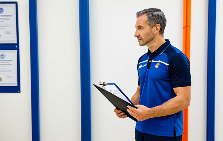 A professional French sports coach, male, standing confidently in a modern, brightly lit training facility, holding a clipboard and observing a training area. He is wearing a modest, professional sports polo shirt and athletic trousers. A framed diploma or certificate is subtly visible on the wall in the background, symbolizing official qualification. The scene conveys expertise and reliability. Perfect anatomy, correct proportions, natural pose, well-formed hands, proper finger count, natural body proportions. Fully clothed, modest clothing, appropriate attire, professional dress, safe for work, appropriate content, professional, family-friendly, high-quality photography.