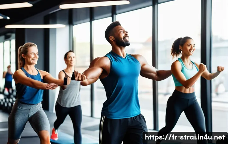 스포츠 트레이너와 퍼스널 트레이너 차이점 - A vibrant group fitness class in a modern French gym, featuring a diverse group of adults energetica...