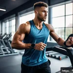 Home 19 스포츠 트레이너의 운동 강도 조절 전략 - A focused French athlete in a modern gym environment, wearing breathable sportswear and a heart rate...