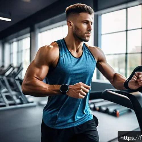 Home 31 스포츠 트레이너의 운동 강도 조절 전략 - A focused French athlete in a modern gym environment, wearing breathable sportswear and a heart rate...