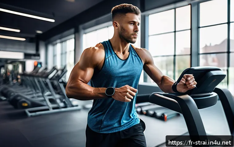 스포츠 트레이너의 운동 강도 조절 전략 - A focused French athlete in a modern gym environment, wearing breathable sportswear and a heart rate...