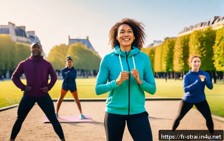 스포츠 트레이너의 비즈니스 확장 아이디어 - A professional French fitness coach conducting a dynamic outdoor group workout session in a Parisian...